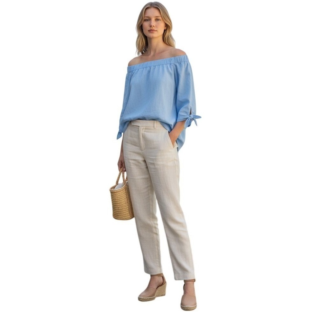 TIBI Off-The-Shoulder Blue Chambray Tunic Dress sz 10 Coastal Luxury Clean $295 - Picture 4 of 9